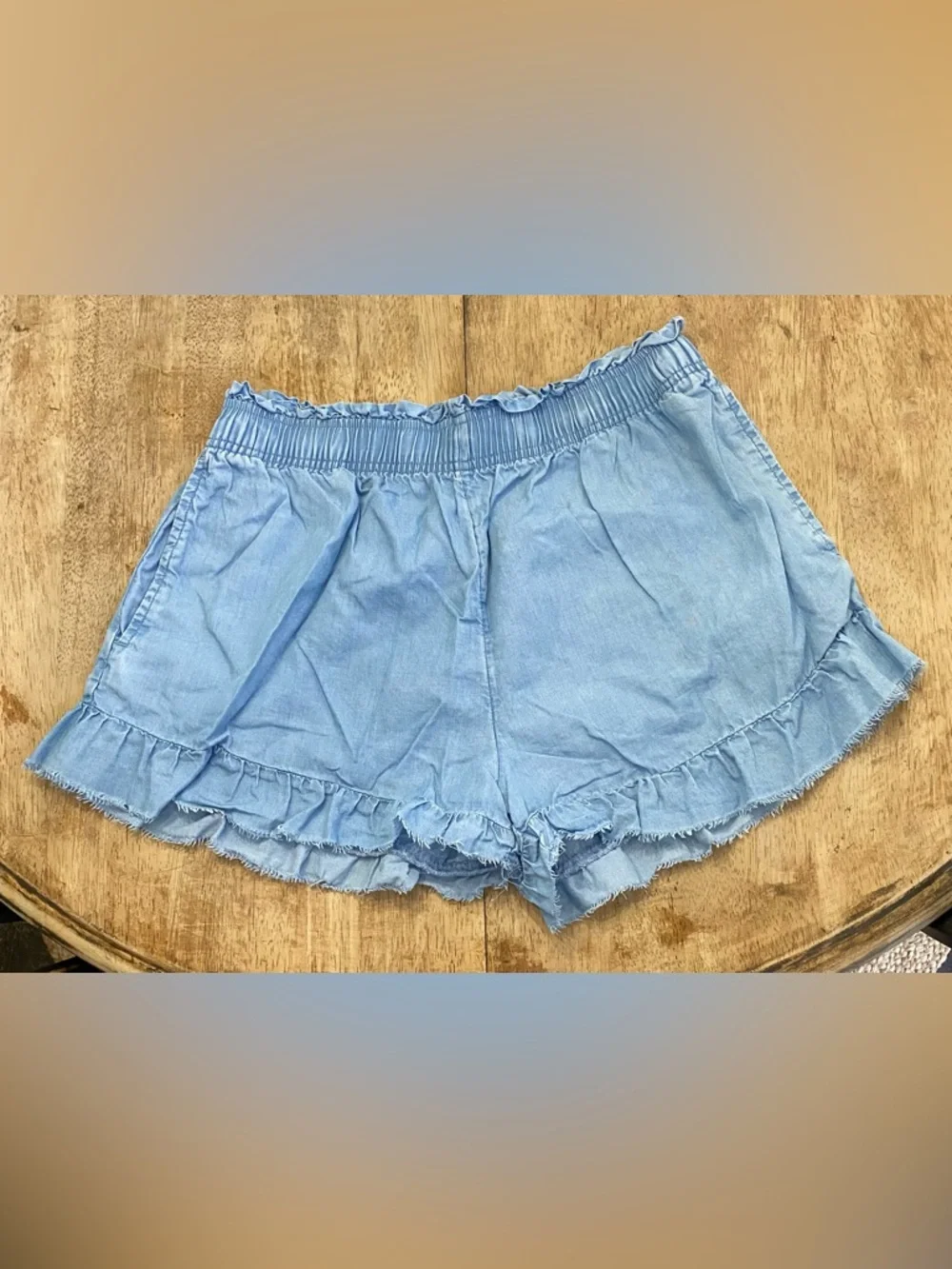 Aerie Women’s Sz M Chambray Ruffle‎ High Rise Shorts